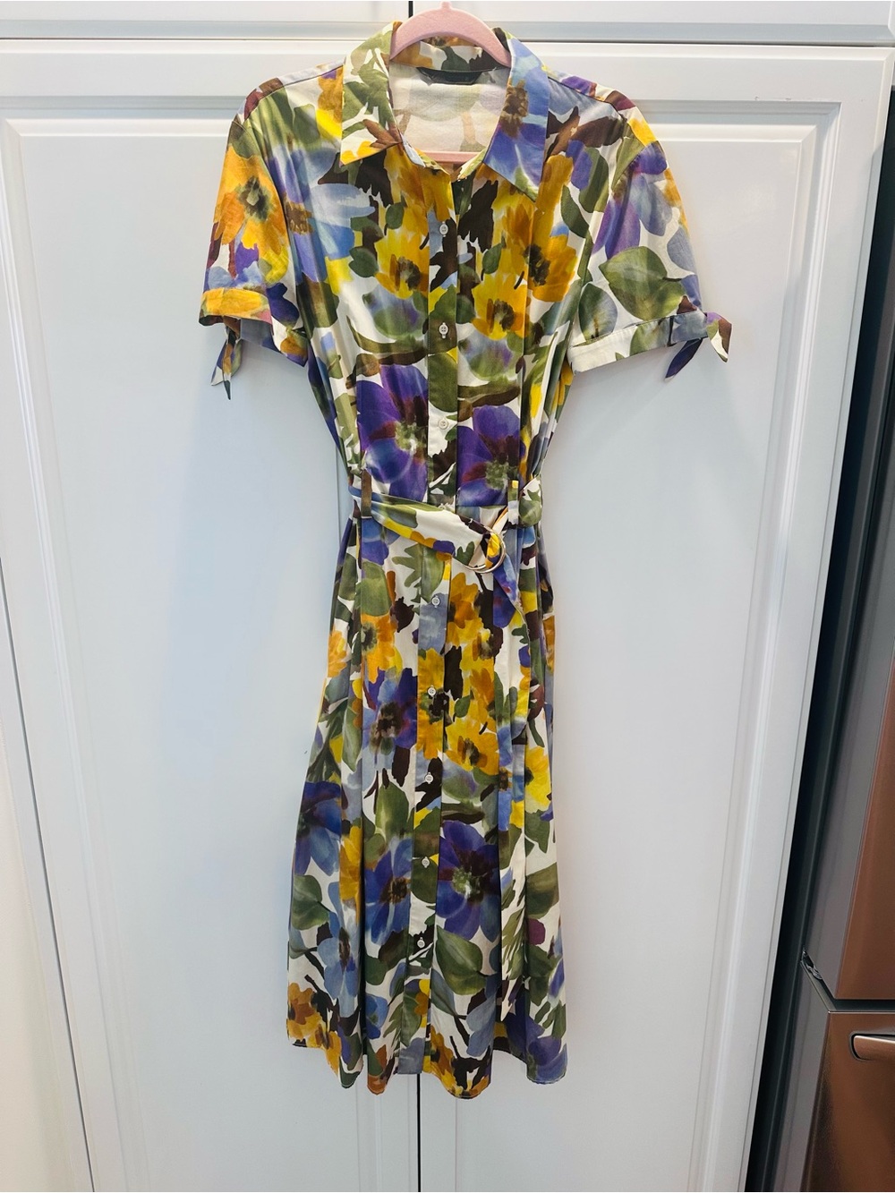 ZARA BELTED FLORAL PRINTED POPLIN MIDI SHIRT DRESS in Crème,Yellow, Blue & Green - Picture 4 of 6